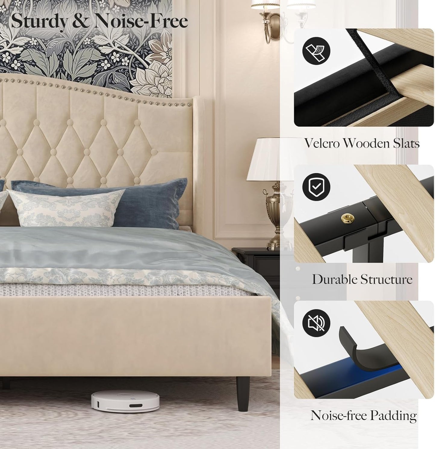 Belffin Queen Bed Frame with Headboard, Luxury Upholstered Velvet Platform Bed with Wingback, Button Tufted & Nailhead Trim, Anti-Slide Tall Footboard, No Box Spring Needed, Noise-Free, Beige
