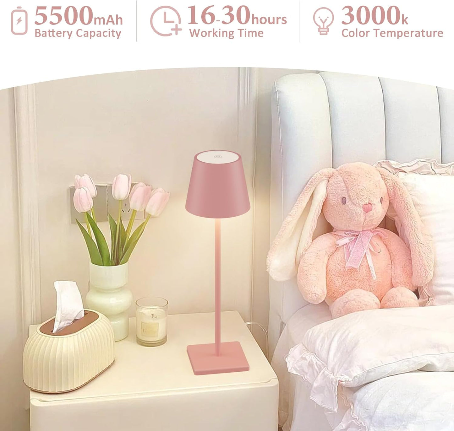 2-Pack LED Cordless Table Lamp, Rechargeable Battery Desk lamp 3W 5500mAh Battery Operated Stepless Dimming Modern Portable Table Light for Restaurant/Bedroom/Outdoor IP54 Waterproof (Pink)