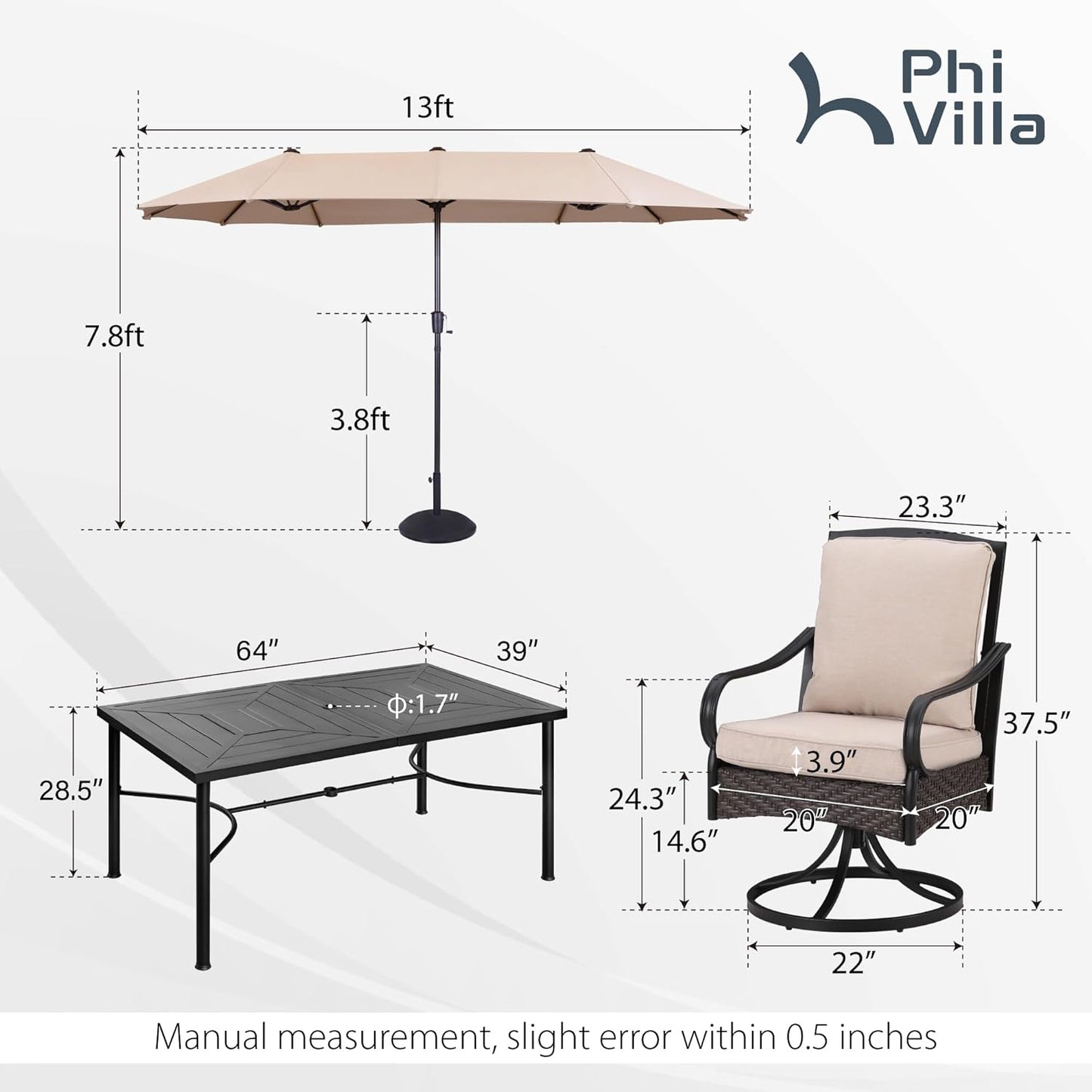 PHI VILLA Outdoor Dining Set for 6, All-Weather Patio Table and Chairs Set with Umbrella for 6, Heavy Duty Rectangle Patio Table Set for Deck, 6 Extra Large Outdoor Swivel Chairs with Thick Cushions