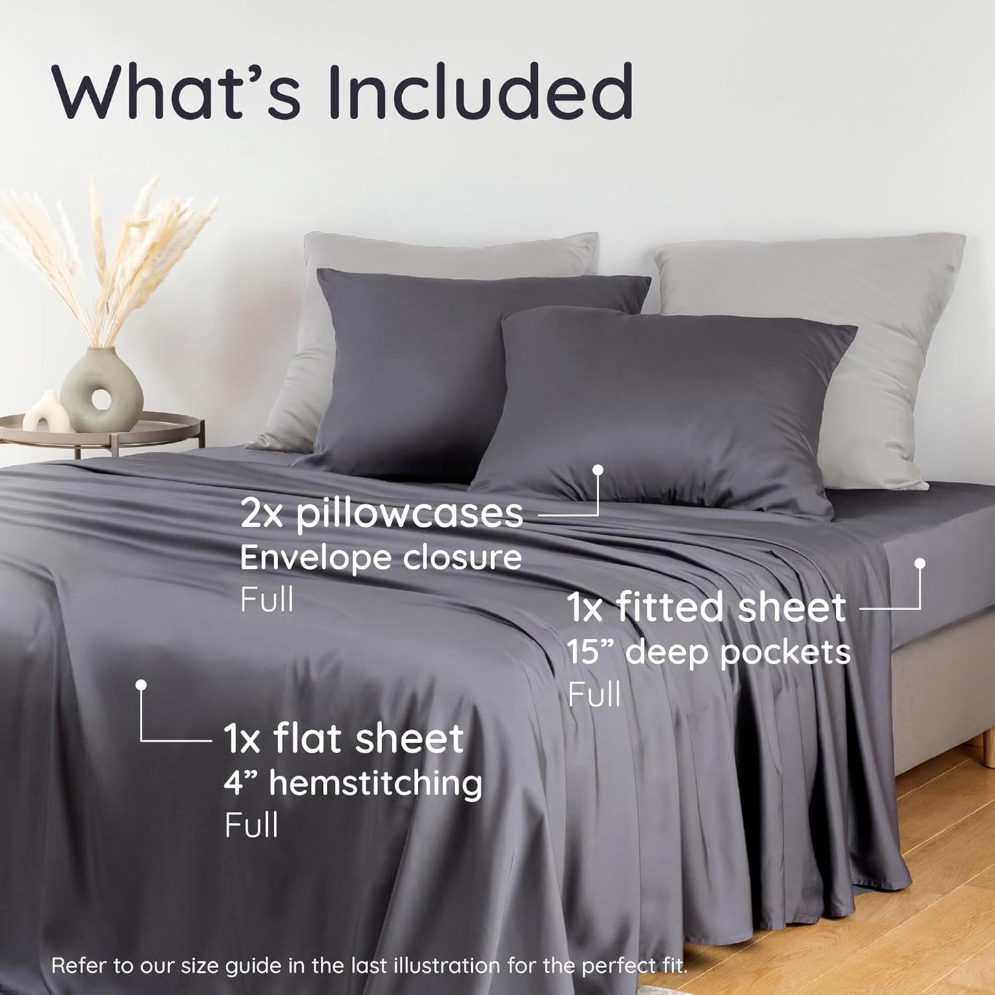 Bambaw 100% Viscose Derived from Bamboo Sheet Set Full Size – 4pcs Cooling Sheets for Hot Sleepers, with Elastic Corner Straps, Soft Bedding Set, Luxury Sheets Full Size (Charcoal)