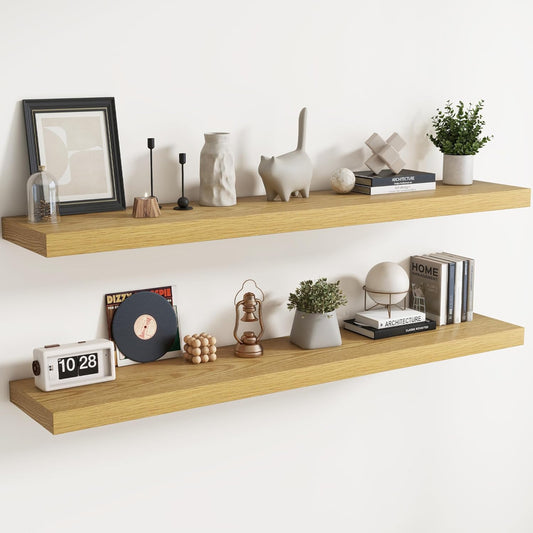 Floating Shelves for Wall with Invisible Brackets, Wall Mounted Engineered Wood Shelves with Wood Grain for Living Room, Bedroom, Bathroom, Kitchen Decor and Storage, Oak, 71"L Set of 2, Oak