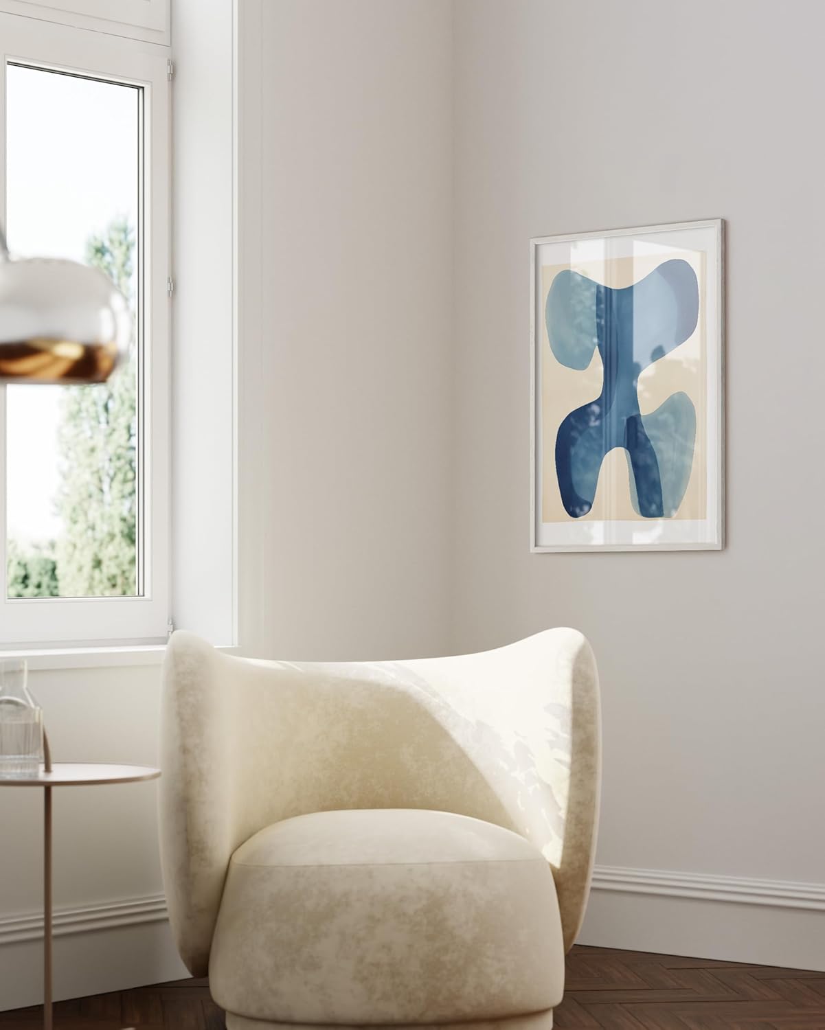 HAUS AND HUES Modern Abstract Wall Art - Blue and Green Living Room Art, Modern Artwork for Walls, Minimalist Picture for Living Room(Blue Shapes, White Frame, 24x36)