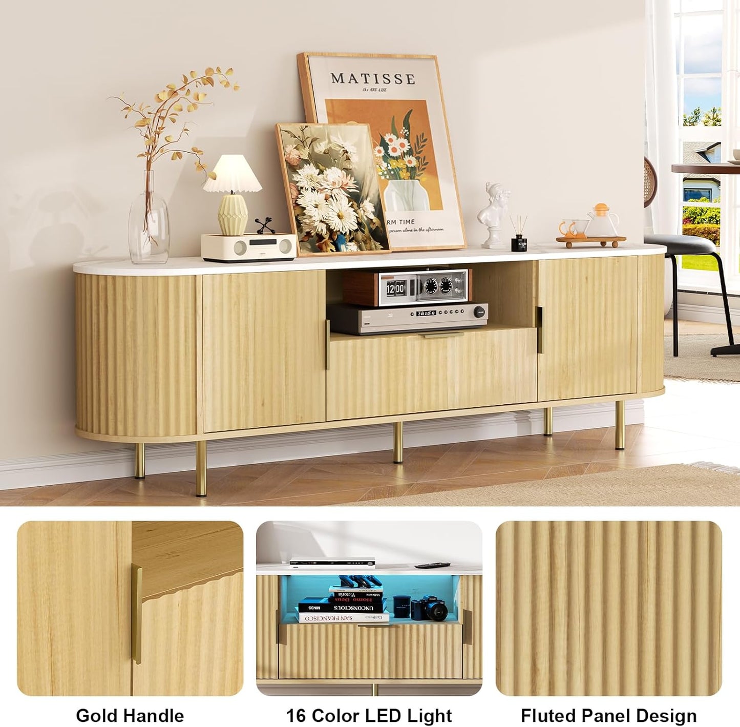 68.5" Fluted TV Stand, Modern Entertainment Center for TVs Up to 68 inch, Wood TV Console with Faux Marble Top and LED, TV Cabinet Media Console, for Living Room, Bedroom, Oak