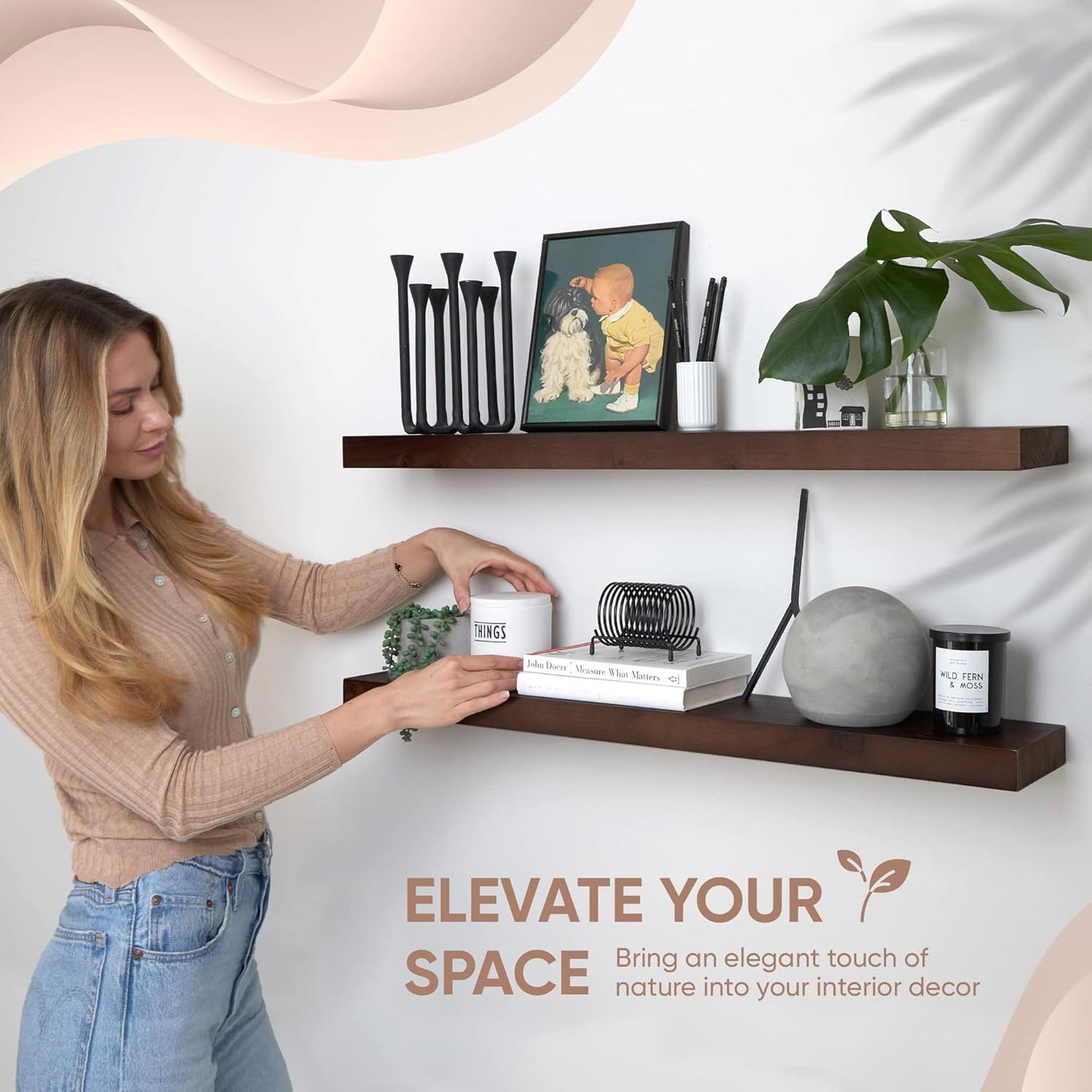 Homeforia Walnut 36 inch Floating Shelf, High End Solid Real Wood 36inch Large Shelves for Bathroom Wall, Dark Brown 36 inches Long Floating Shelves, Heavy Duty Bracket, 36 X 6.5 X 1.75 inch, Set of 4