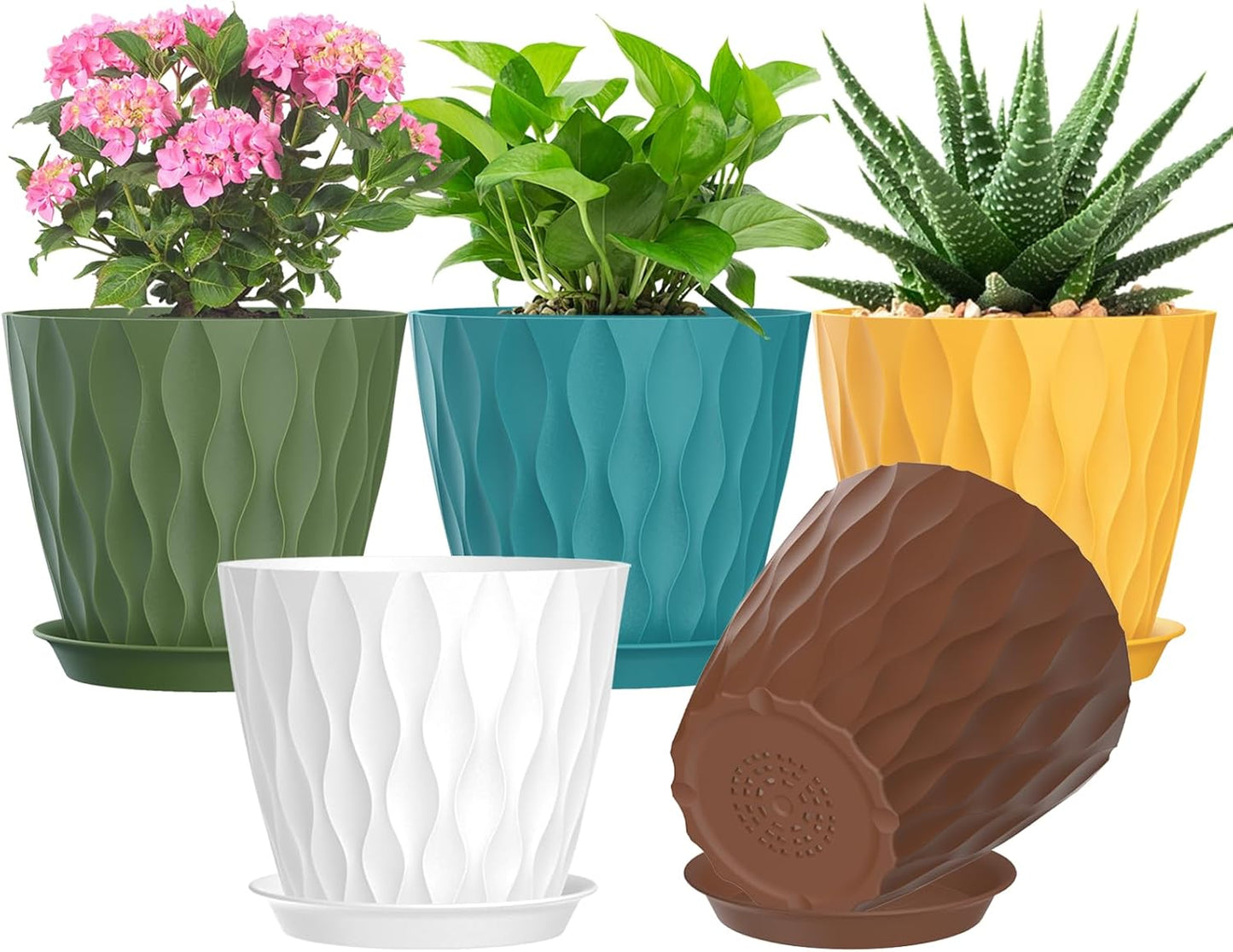 7 Inch Plant Pots Set of 5, Plastic Flower Pots with Drainage Holes and Trays, Planter Pot for Indoor Plants, Decorative Pots for Plants Indoor/Outdoor （Multicolor）