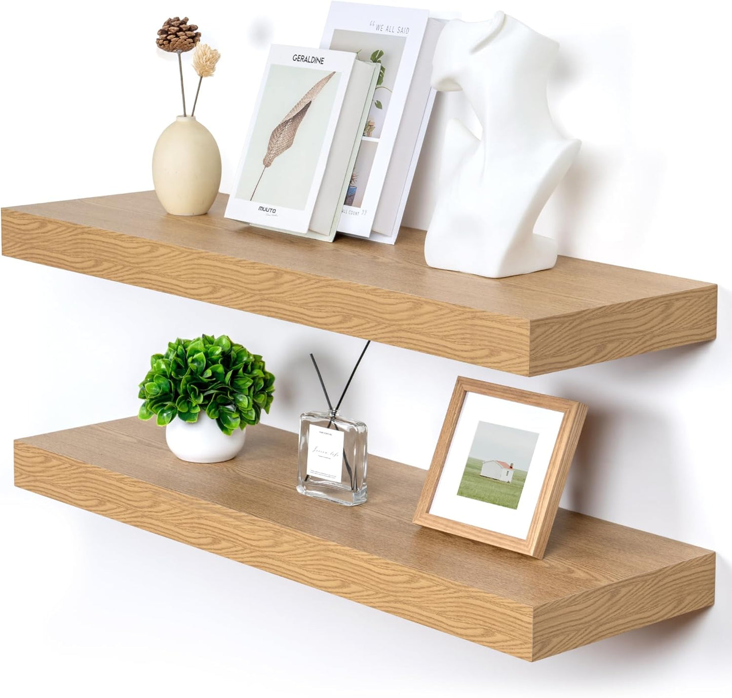 Deep Floating Shelves for Wall - 36 Inch Wide x 12 Inch Deep Oak Floating Shelves Set of 2 - Rustic Wooden Wall Shelves Bookshelf Laundry Shelf TV Shelf