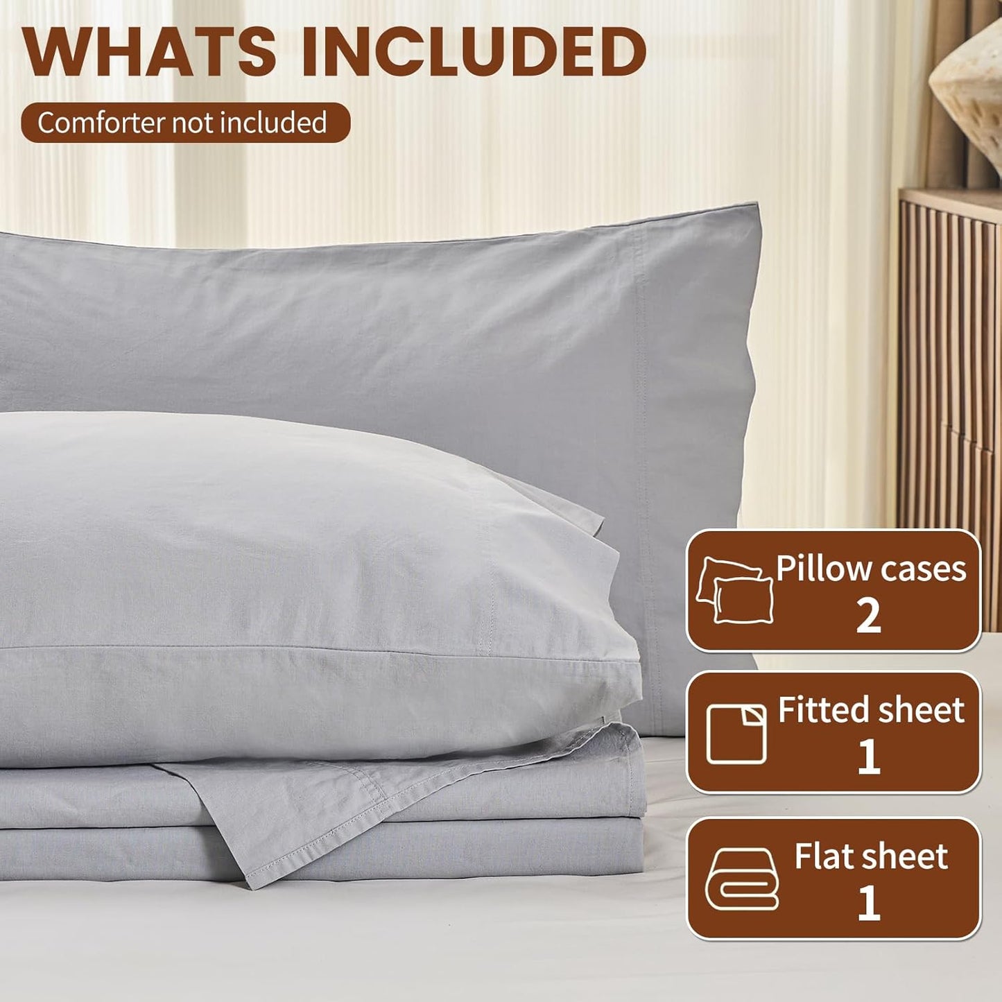 100% Linen Sheets King Size,Breathable & Durable 4-Piece Bed Flax Sheet Set,Soft All-Season Bedding for Hot Sleepers 16" Deep Pocket Oeko-TEX Certified,（King, Grey）