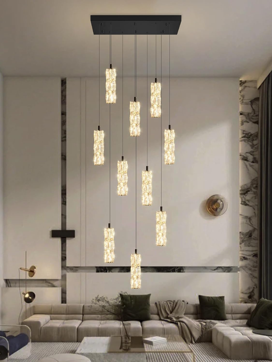 10-Light Modern LED Pendant Lighting Fixture for Kitchen Island Raindrop Crystal Chandelier Black Chandelier for Dining Room High Ceiling Chandelier for Staircase Foyer Hallway Villa