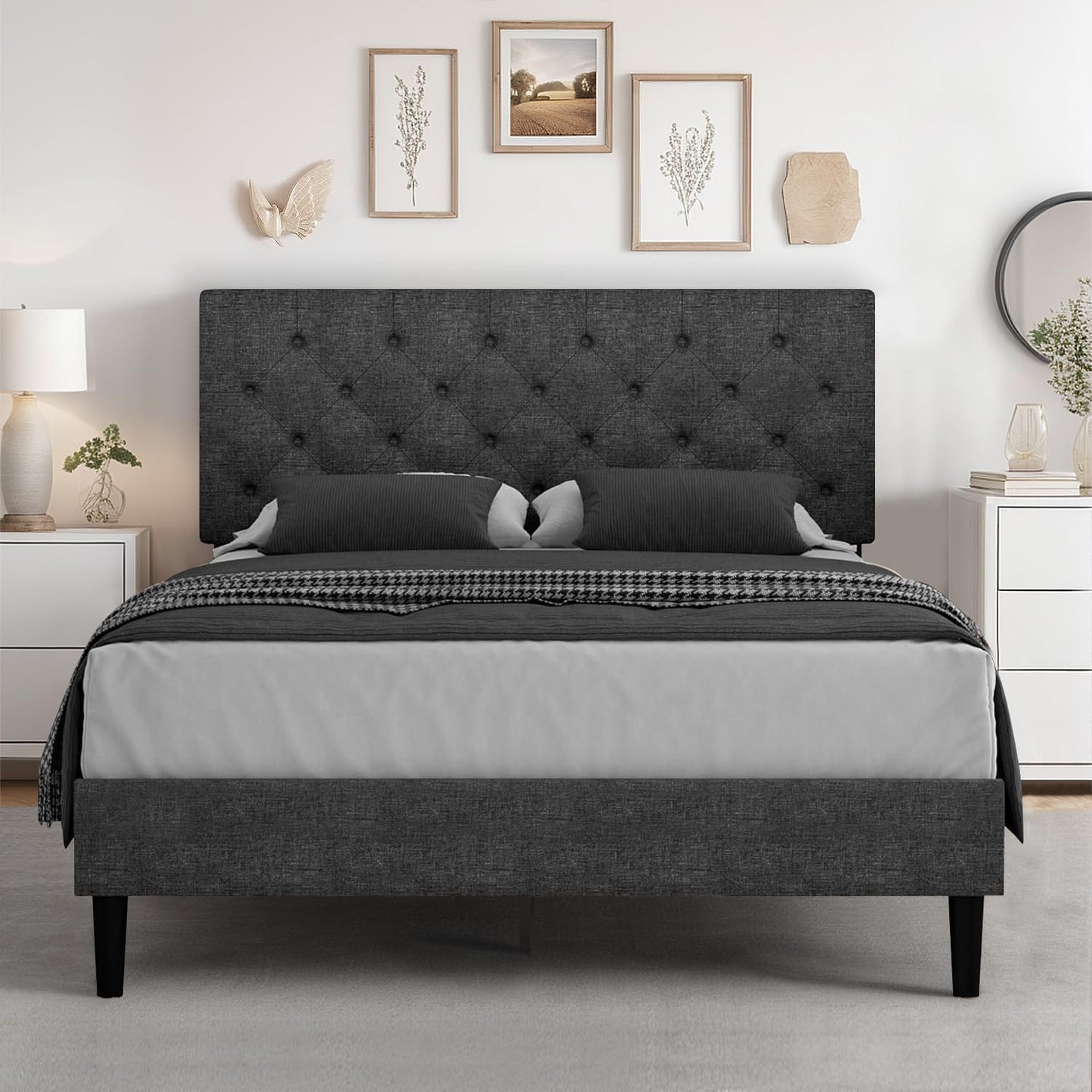HOMBCK Full Size Bed Frame with Headboard, Linen Fabric Upholstered Bed, Grey Bed Frame with Wood Slats, Button Tufted, No Box Spring Needed, Dark Grey
