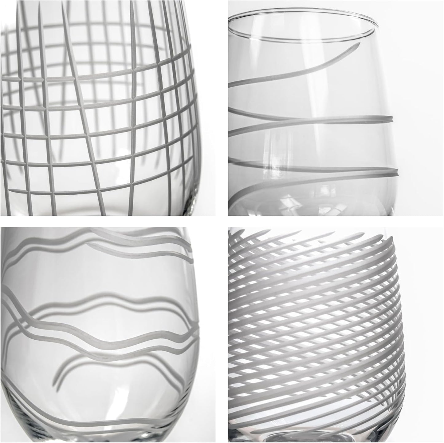 Rolf Glass Symmetry Stemless Wine Glass | 17oz Tumblers | Mixed Contemporary Designs: Cyclone, Twist, Good Vibrations, Matchstick | Made in the USA | Lead-Free, Diamond Engraved Glass | Set of 4