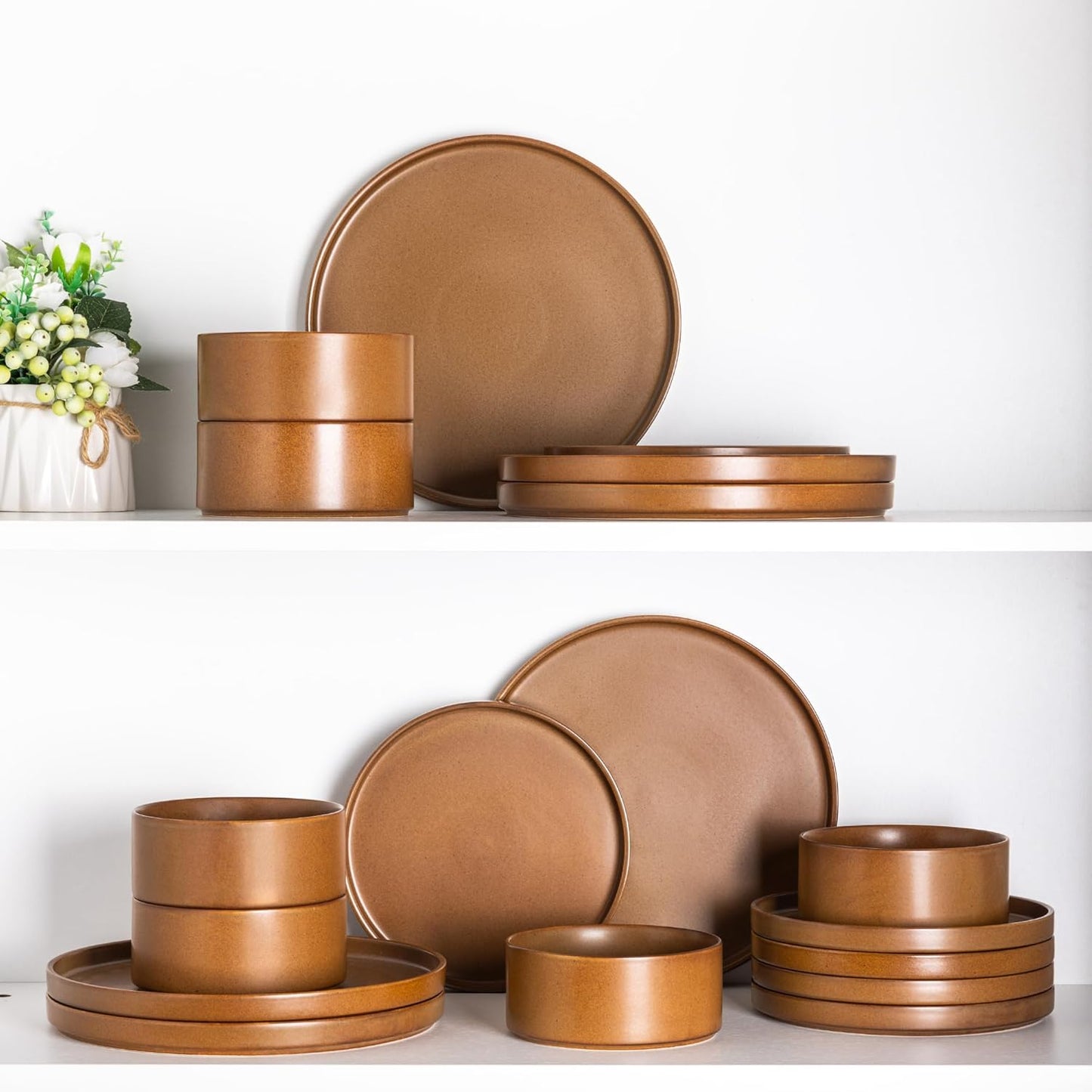 LERATIO Ceramic Dinnerware Sets for 4, High Edge Stoneware Plates and Bowls Set, Chip and Crack Resistant | Oven & Dishwasher & Microwave Safe Dishes Set, Service for 4 -Caramel