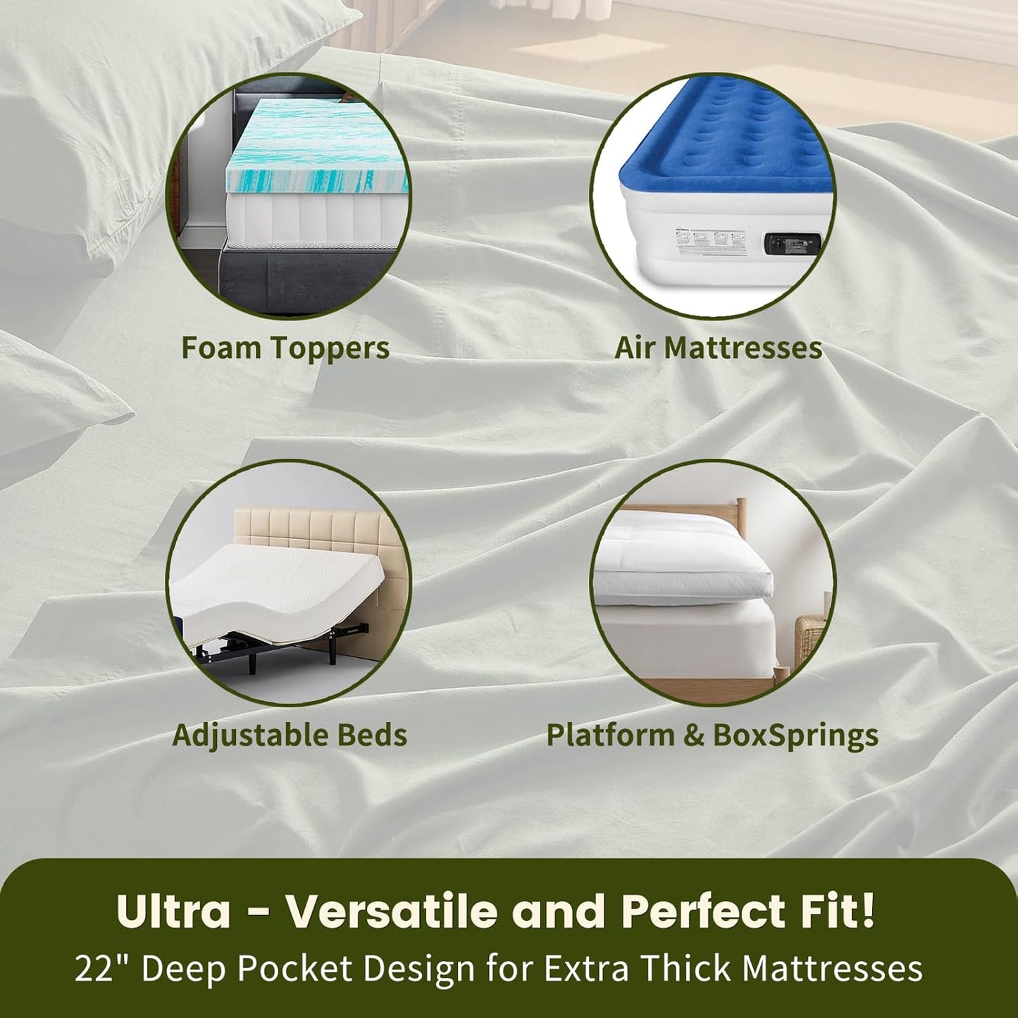 100% Linen Sheet Set King Size Extra Deep Pocket Fits 18-24 Inch Mattress, Breathable & Soft, Smooth 4-Piece Set for Thick Mattresses Hotel Luxury Bedding（King, Forest Green）