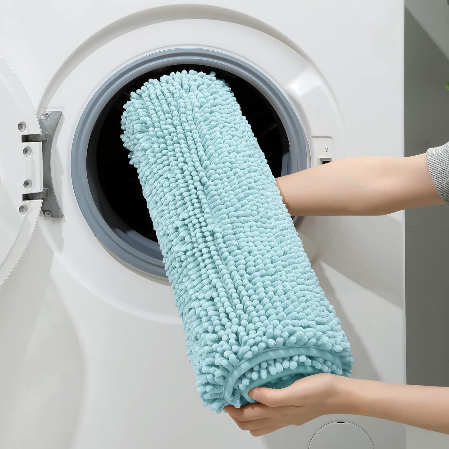 HOMEIDEAS 3 Pieces Bathroom Rugs, Ultra Soft Non Slip Absorbent Chenille Toilet Bath Mat Set (Light Blue,17"x24"+20"x32"+U Shape 20"x24")