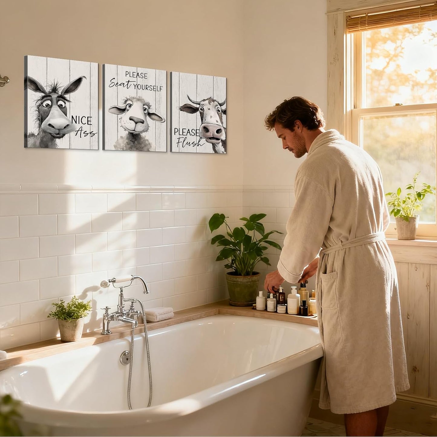 Mistyefly Funny Bathroom Quote Canvas Wall Art with Built-in Wooden Frame - Funny Animal Wall Art & Cow Sheep Donkey Pictures for Bathroom - Lightweight, Ready to Hang, 24x36x3 Inches