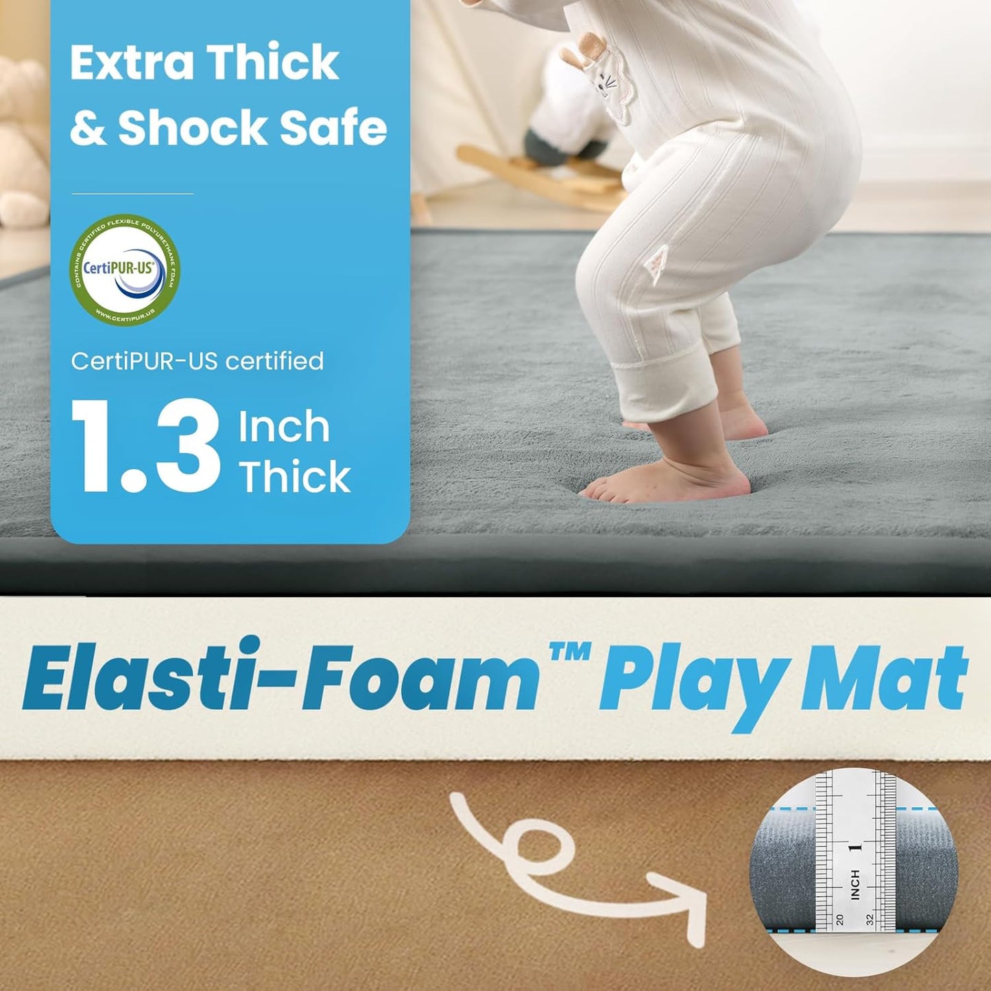 1.3" Thick Baby Play Mat for Floor Playpen, 71x59 Large Foam Tummy Time Mat, Padded Support Soft Plush Nursery Rug for Infant Kids Toddler Crawling Kick Activity (Light Grey)