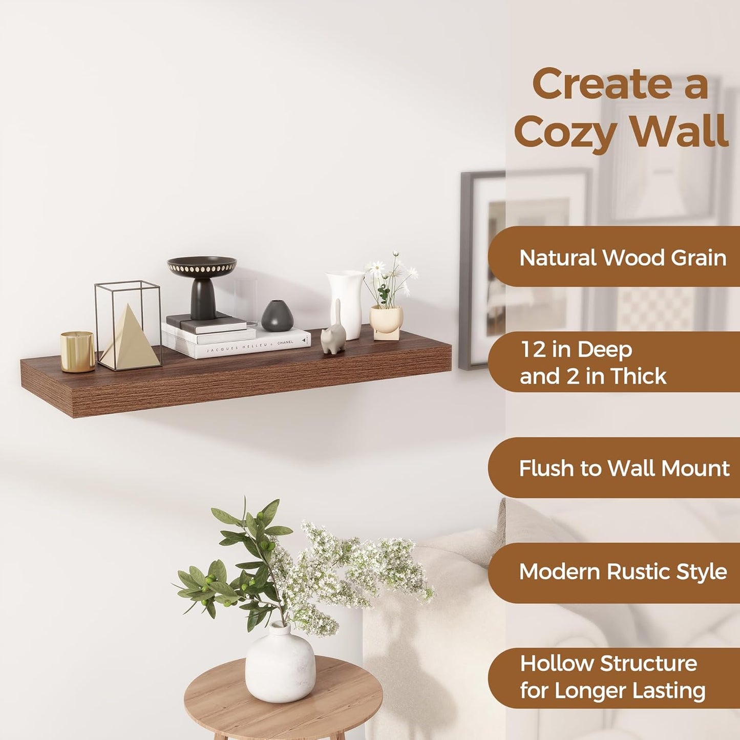 Floating Shelves 30 Inch Long, 12 Inch Deep Floating Shelf for Books, Rustic Wood 30 x 12 Storage Shelves for Wall Storage & Display, Thicked Wall Shelf for Kitchen, Living Room, Walnut Color, 1 Pack