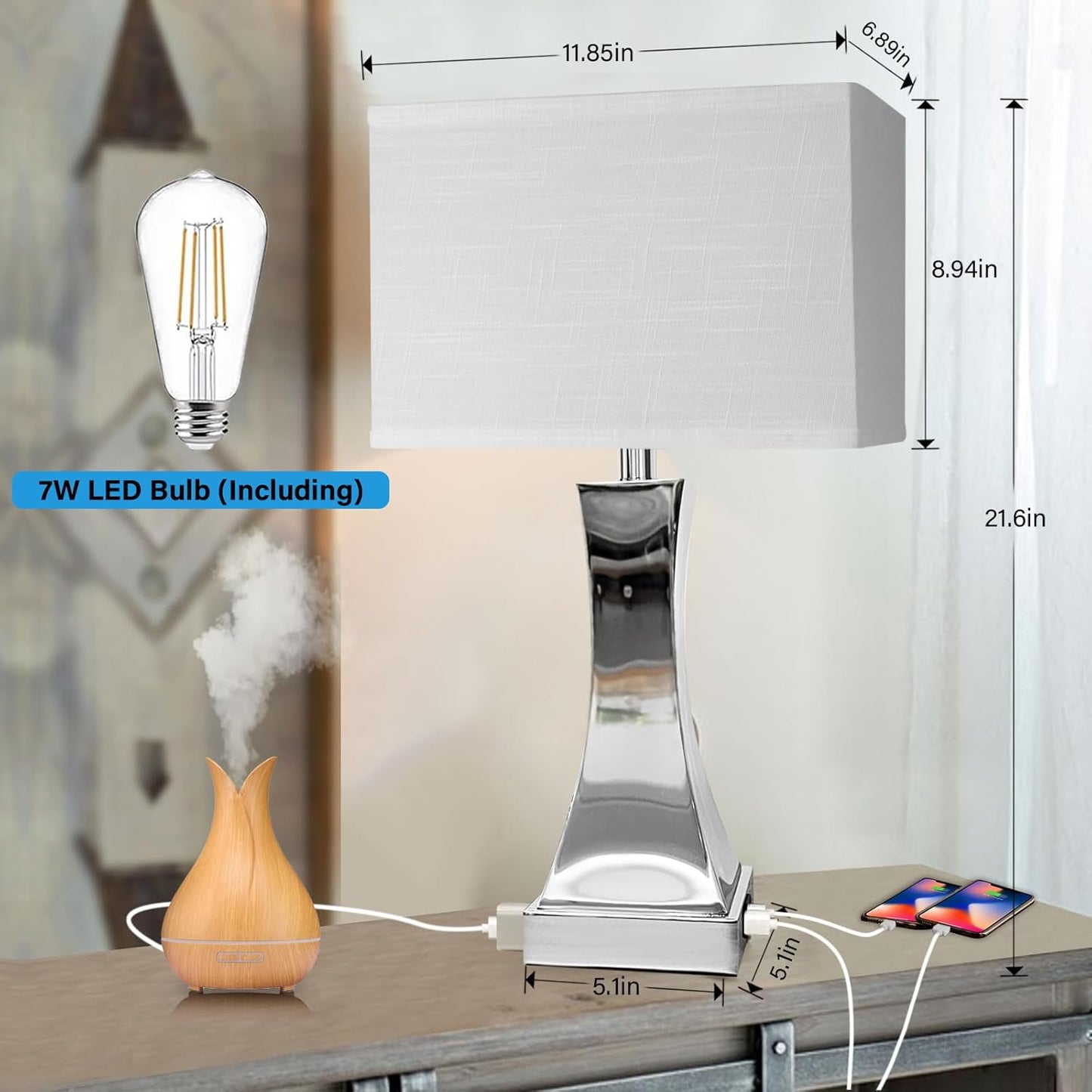 Table Lamp for Bedroom 3-Way Dimmable Touch Control Chrome Bedside Lamp with USB A+C Port & AC Outlet 21.6" Tall Nightstand Lamp for Living Room Office and Hotel Bulb Included