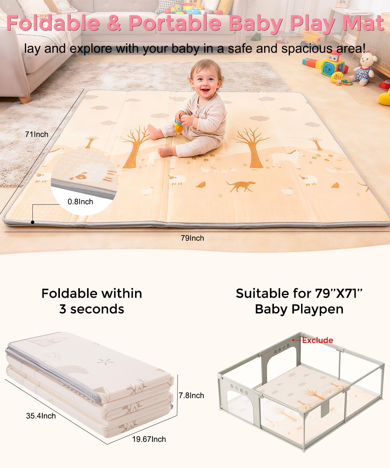 Large Baby Play Mat Foldable,0.8 Inch Waterproof Playroom,79 x 71 Playpen Mat | Outdoor Backyard Non-toxic Crawling Cushioned Infant, Folding Floormats Toddler Extra Thick Kids Playmat