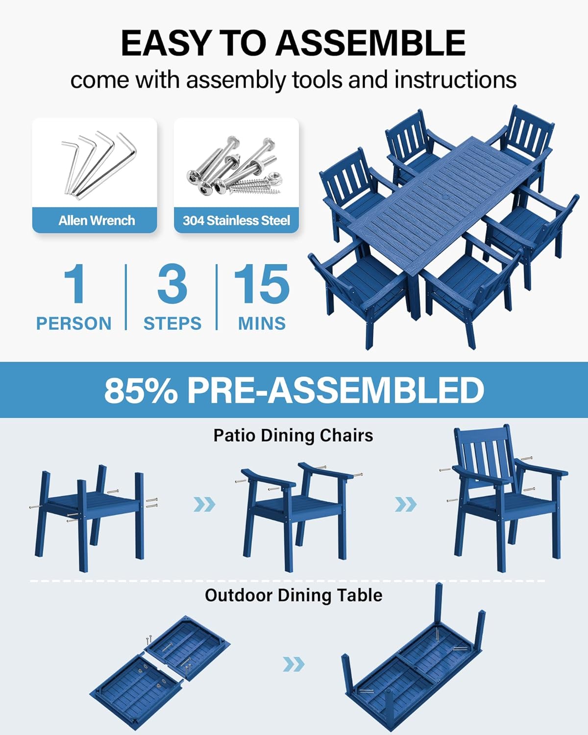 YEFU HIPS Patio Table Set: 7 Piece Outdoor Table and Chairs Dining Furniture Set with Umbrella Hole - Blue Modern Plastic Dining Sets 6 Person for Outside Deck with Metal Aluminum Frame