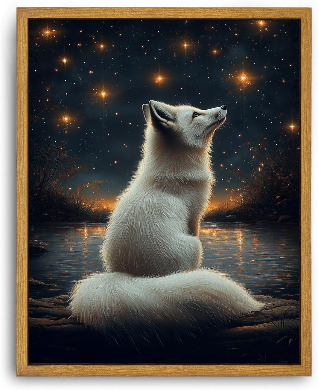 Djmwtb White Fox Framed Wall Art Starry Night Canvas Wall Art Nature Landscape Art Prints Woodland Animal Pictures Painting Wall Decor Artwork for Living Room 8x10in