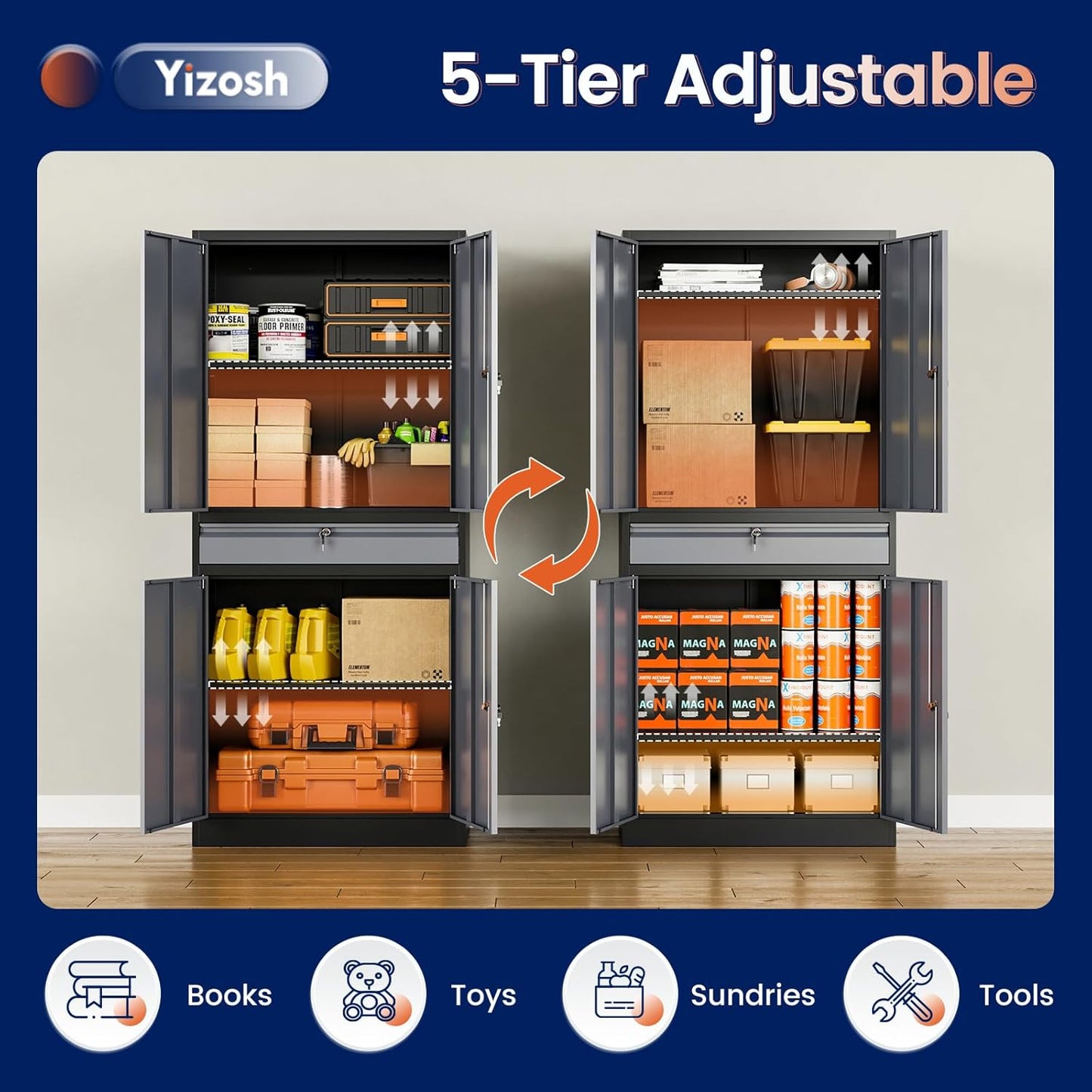 Yizosh Metal Garage Storage Cabinet with Locking Doors and Adjustable Shelves, 71" Steel Tool Storage Cabinet with 1 Drawer for Garage,Office,Warehouse (Gray Black)