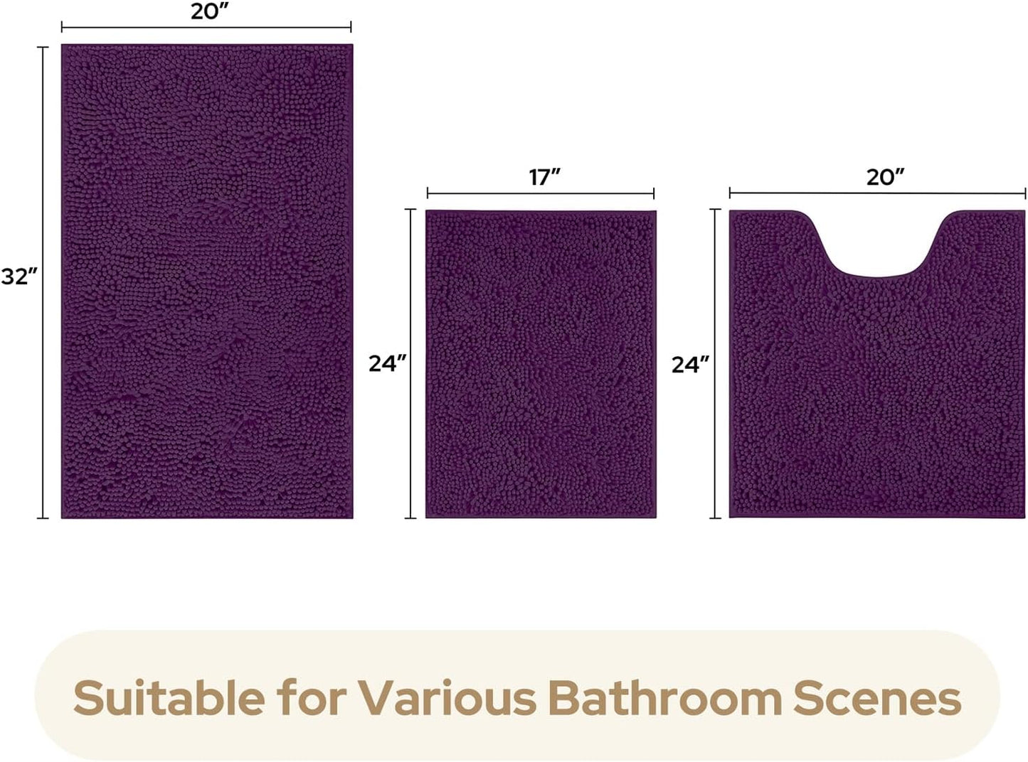 HOMEIDEAS 3 Pieces Bathroom Rugs, Ultra Soft Non Slip Absorbent Chenille Toilet Bath Mat Set (Purple,17"x24"+20"x32"+U Shape 20"x24")