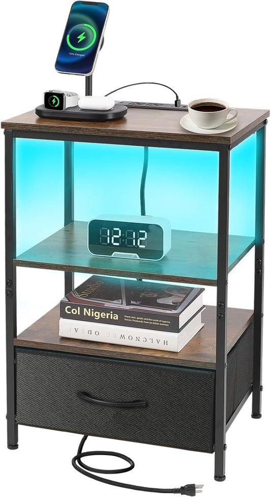 Night Stand with Charging Station, Bedside Table with Adjustable Fabric Drawers, End Table with LED Lights, Side Table with USB Ports Open Shelf for Bedroom, Black