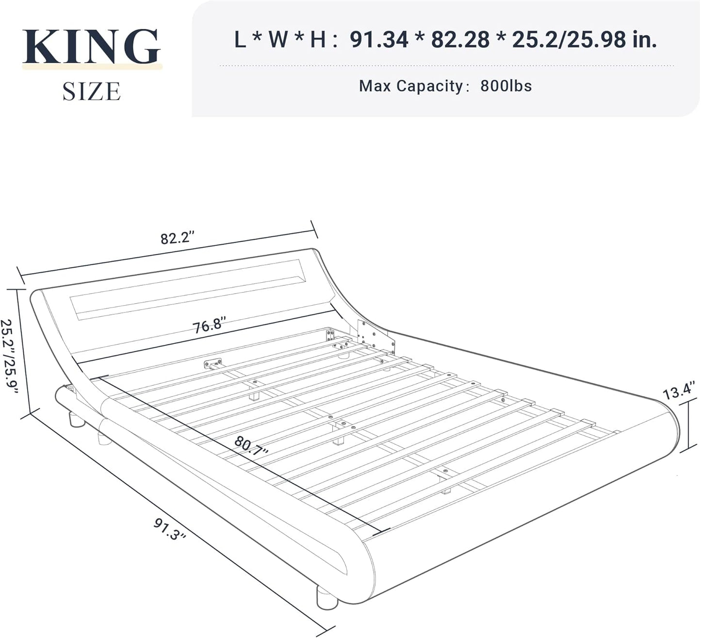 Allewie King Size LED Platform Bed Frame with Adjustable Headboard/No Box Spring Need/Easy Assembly/Faux Leather in Black