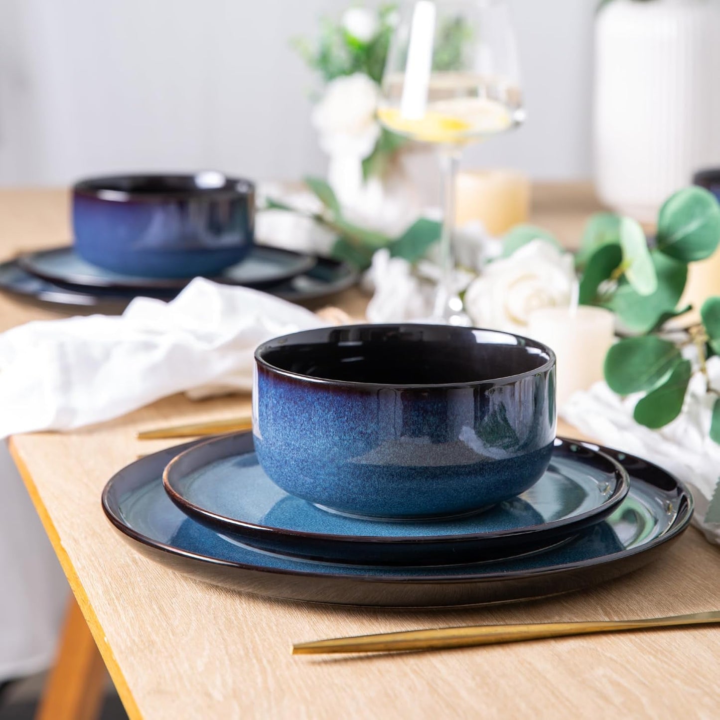 LeRatio Ceramic Dinnerware Sets for 4,Porcelain Plates and Bowls Sets,Handmade Reactive Glaze Dishes Set,Chip Resistant and Scratch Resistant | Oven&Dishwasher & Microwave Safe,Service for 4-Blue