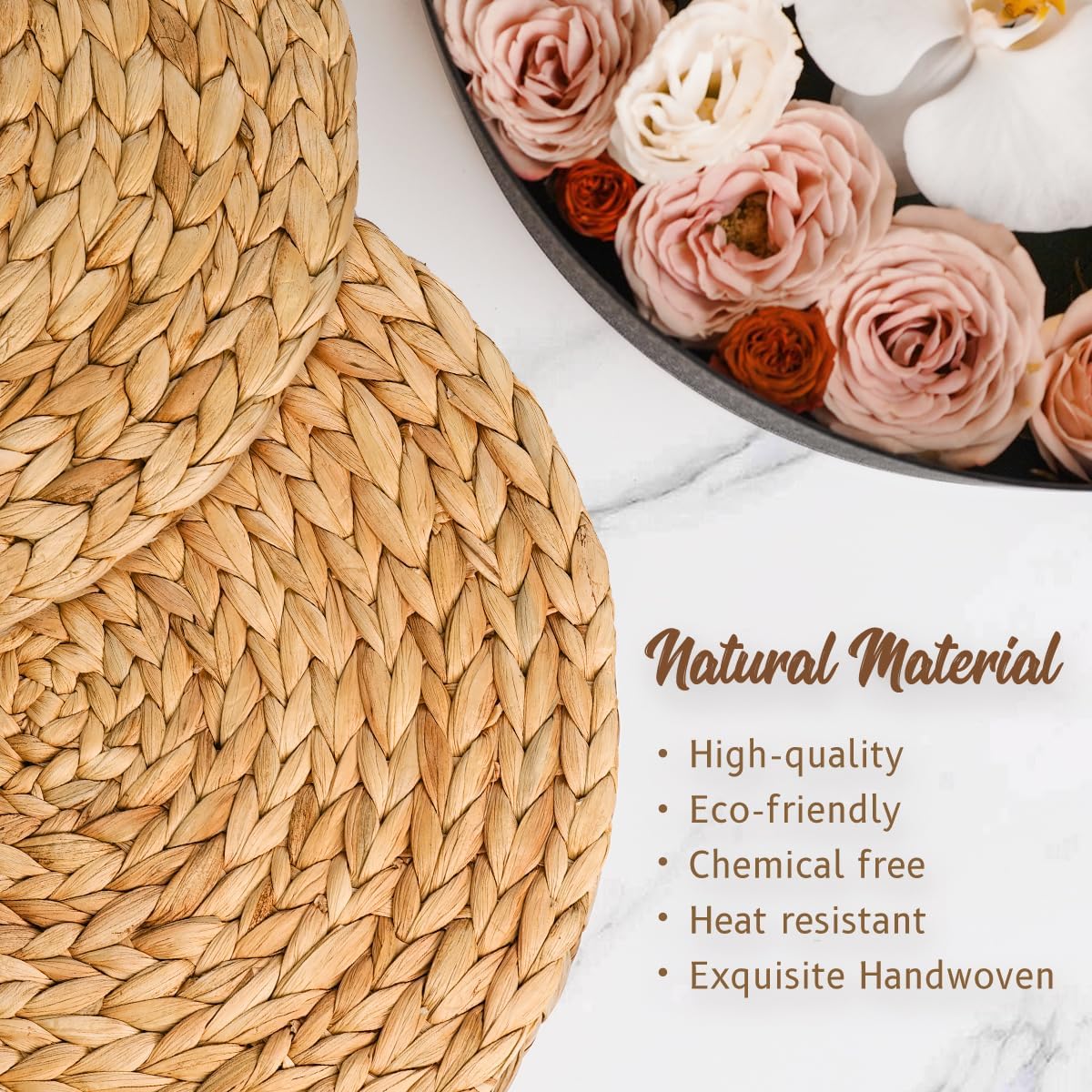 13.8 in Round Boho Placemats Table Mats Set of 8, Farmhouse Rustic Woven Plate Charger for Dinner Plates, Rattan Jute Wicker Braided Place Mats Chargers for Dining Table Decor