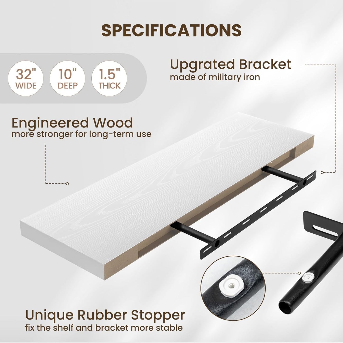 Fun Memories Floating Shelves for Wall, 32 Inch Long Floating Shelves Set of 2, 32 x 10 Wooden Shelves for Wall, Large Storage Shelves, Hanging Shelves for Bathroom Kitchen Bedroom, White