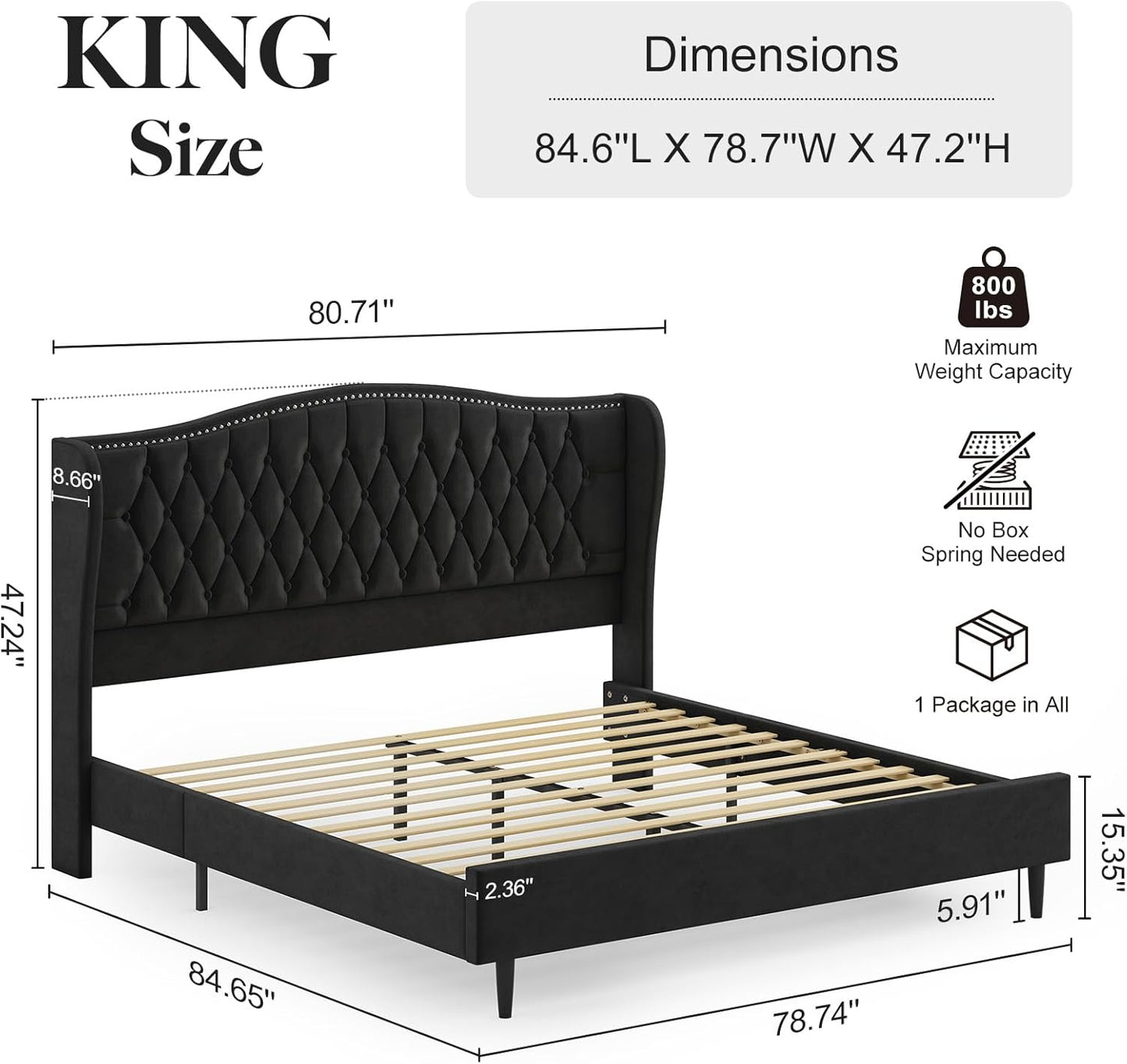 Belffin King Bed Frame and Headboard, Luxury Upholstered Velvet Platform Bed with Wingback, Button Tufted & Nailhead Trim, Anti-Slide Tall Footboard, No Box Spring Needed, Noise-Free, Black