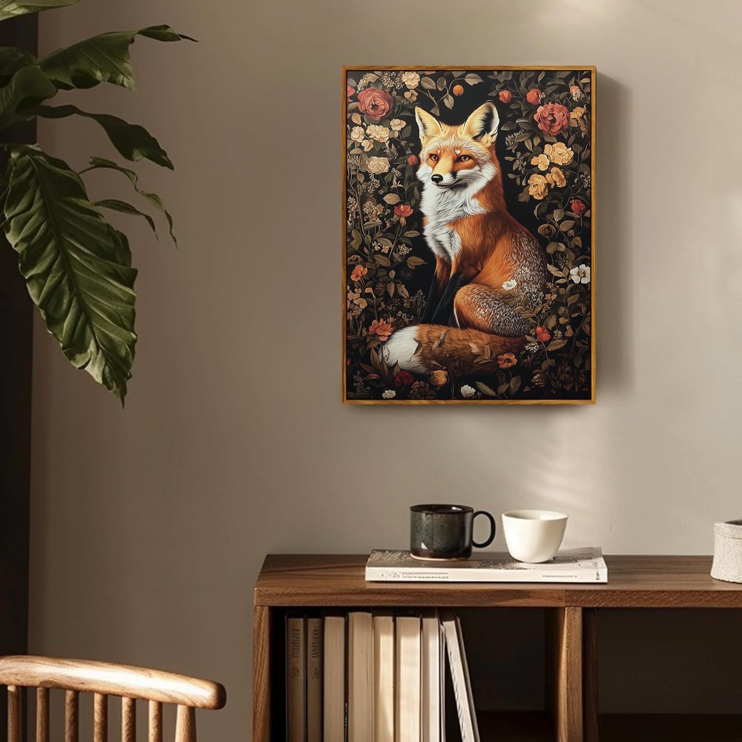 Framed Vintage Wall Art, Boho Canvas Wall Art, Dark Flowers Pictures, Nature Botanical Wall Decor, Fox Animal Paintings Prints, for Living Room Bedroom Home Decor 12x16in