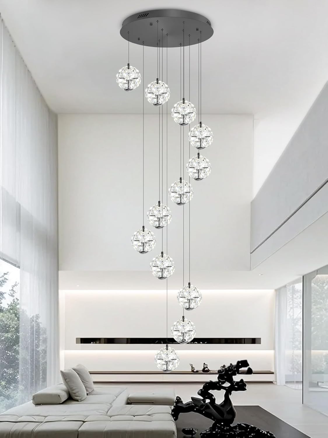 10-Light LED Staircase Chandelier Modern Pendant Light Black Crystal Globe Chandeliers Large Chandeliers for High Ceilings, Entryway Lighting Fixture Villas and Stairs