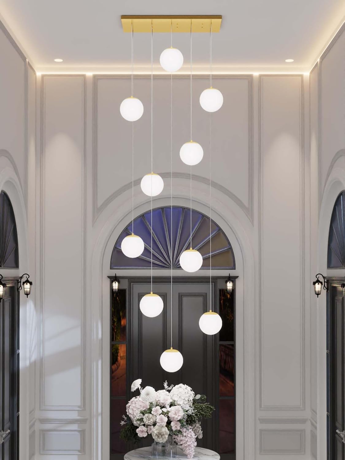 10-Lights Globe Chandelier Gold Pendant Lighting Fixture Hanging Ceiling Light for Dining Room, Kitchen Island,High Ceiling Chandelier Glass Ball Hanging Lighting for Living Room Staircase Entryway
