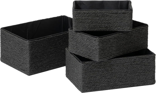 LA JOLIE MUSE Storage Baskets Set 4 - Sturdy Woven Paper Rope Decorative, Stackable Wicker Baskets for Makeup Closet Bathroom Bedroom (Ebony Black)