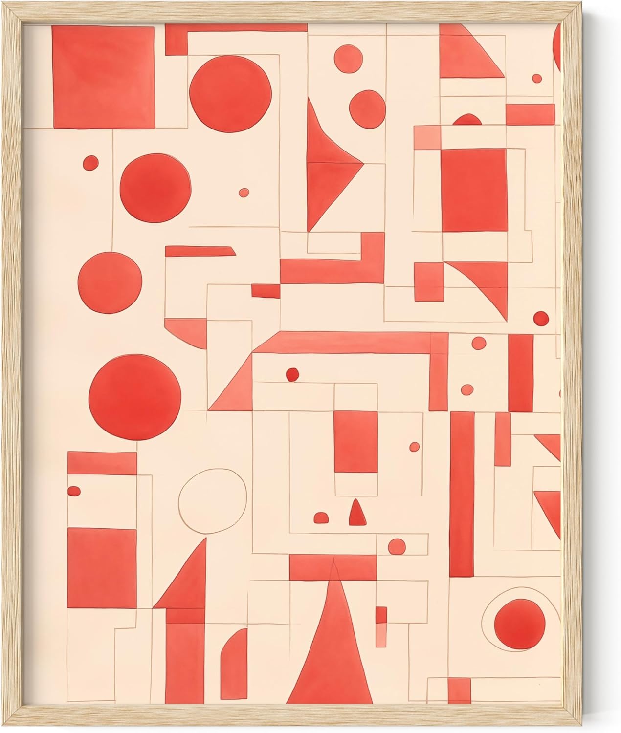 HAUS AND HUES Colorful Abstract Wall Art - Minimalist Retro Picture for Living Room Decor, Red and Pink Modern Wall Art Painting (Red Geometric, Beige Frame, 11x14)