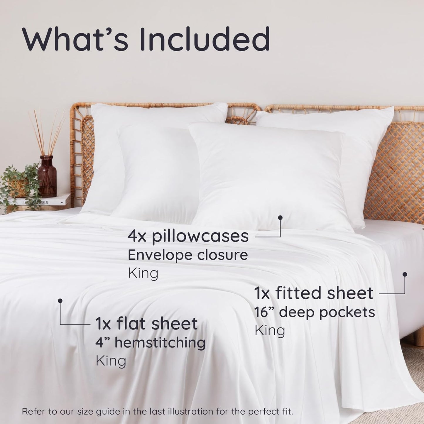 Bambaw King Size Cooling Sheets Set 6pcs - 100% Viscose Derived from Bamboo Sheets Deep Pocket, Fits Up to 16'' with Elastic Corner Straps, King Size Soft Sheets, Breathable Sheets (White)