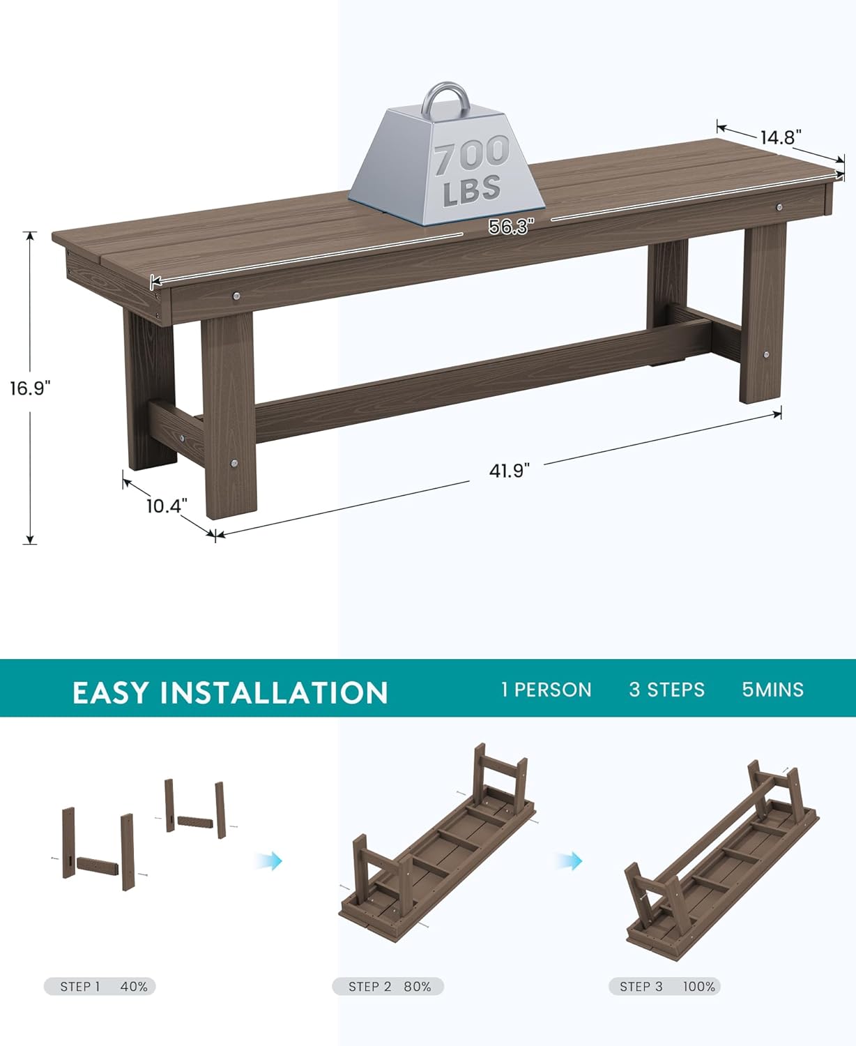 SERWALL Outdoor Dining Set for 6, HDPE Furniture Set with Umbrella Hole, All Weather Bench & Chairs, Coffee Table