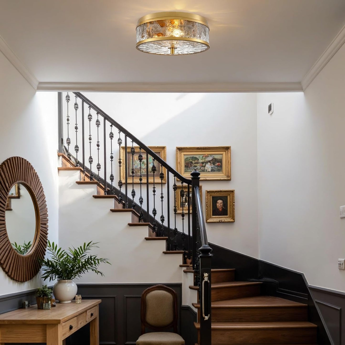 LamQee 12 Inch Flush Mount Ceiling Light with Crackled Glass Shade, 2-Lights Modern Farmhouse Close To Ceiling Lighting Fixture for Hallway Kitchen Bedroom Bathroom Foyer Entryway, Brushed Gold Finish