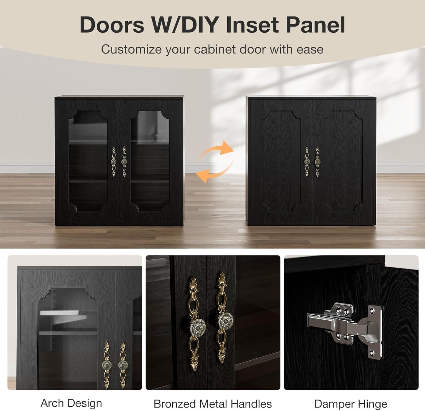 Modular Buffet Storage Cabinet, Glass 4-Door Kitchen Sideboard Buffet Console w/Adjustable Shelves, Wood Modular Organizer for Kitchen Living Room, 63 Inch