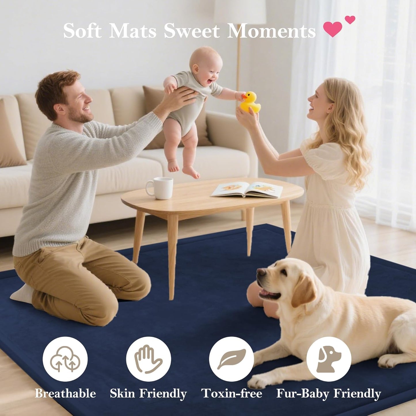 Baby Play Mat for Floor, 1.3"Thick Extra Large Cushioning Memory Foam Playpen Mat, Soft Coral Velvet Baby Crawling Mat with Non-Slip Backing (Dark Blue, 79"×118"×1.3")