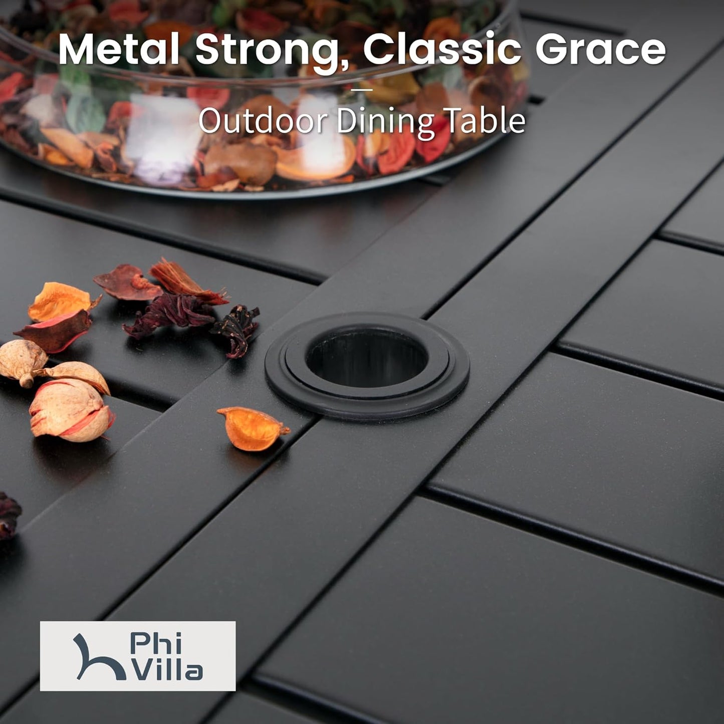 PHI VILLA 7 Pieces Outdoor Dining Set with Cushion for 6, 60” Rectangular Metal Dining Table with Umbrella Hole & Cushioned Iron Swivel Chairs Furniture Set for Patio, Deck, Yard