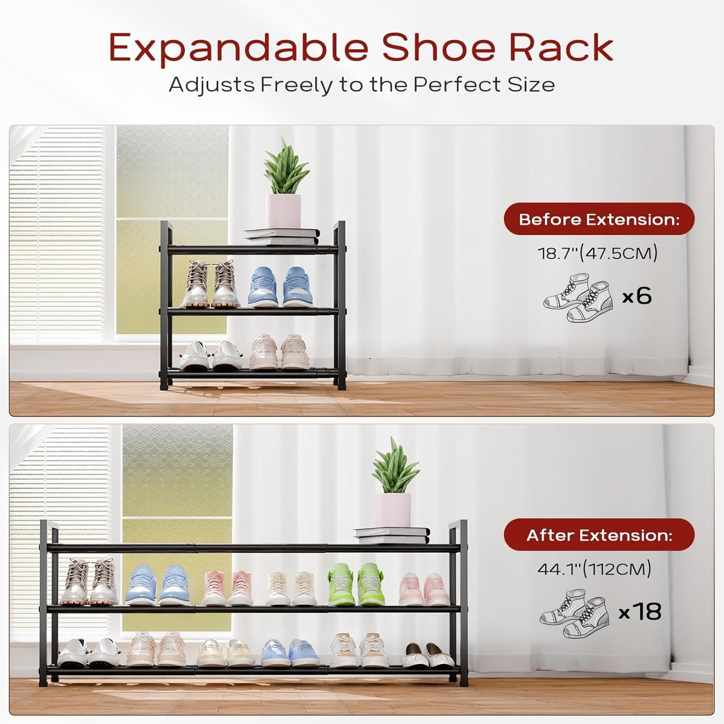 Bumusty 3-Tier Long Expandable Shoe Rack for Closet, 18"-44" Adjustable Shoe Rack for Entryway, 15-18 Pairs Large Shoe Organizer Shelf Storage, Sturdy Metal, Black