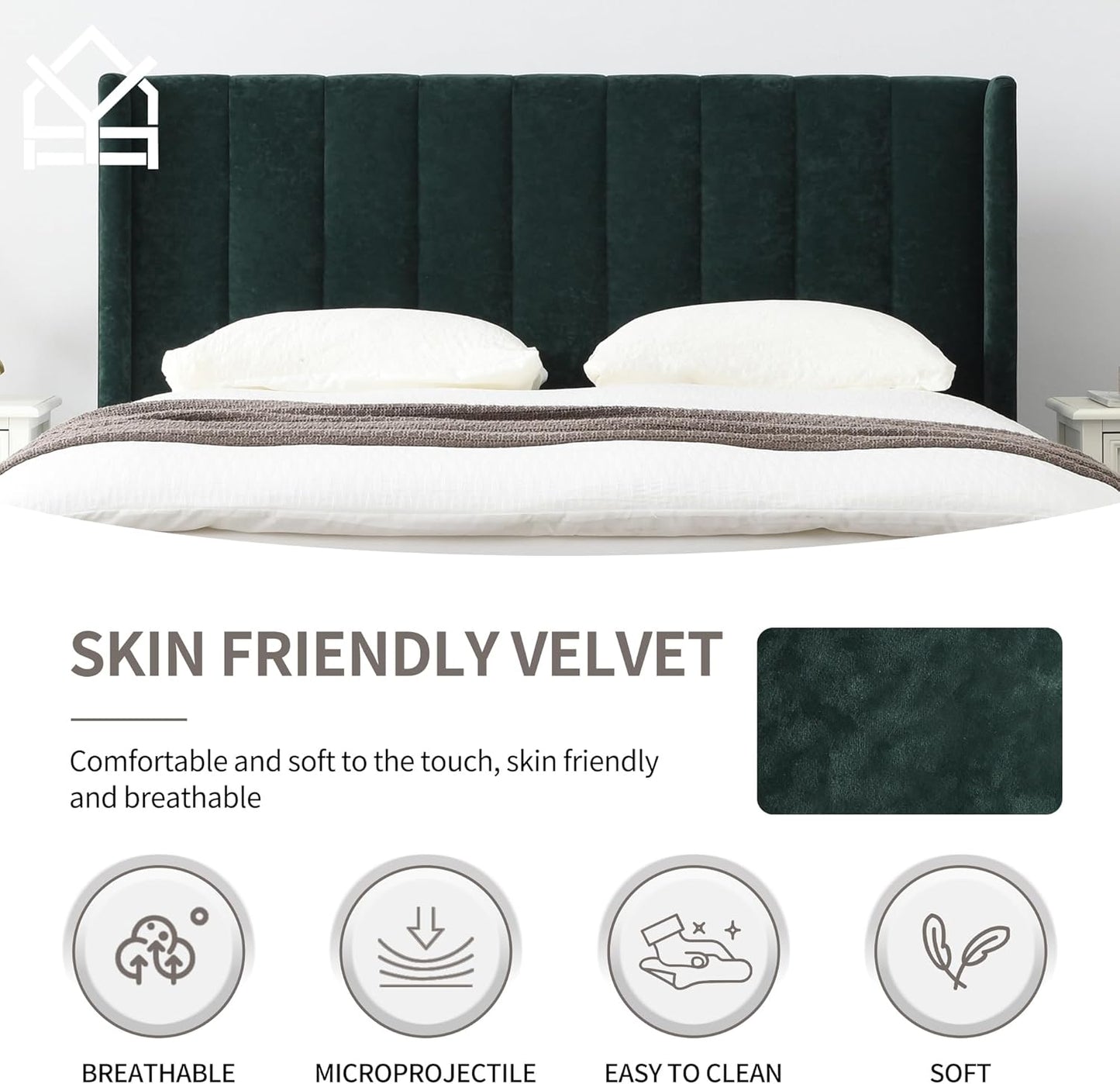YUHUASHI upholstered Platform Bed Frame/King Bed Frame/Modern Geometric Double-Wing Design headboard/Velvet Fabric/Easy to Assemble no Noise (Ink Green, King (U.S. Standard))