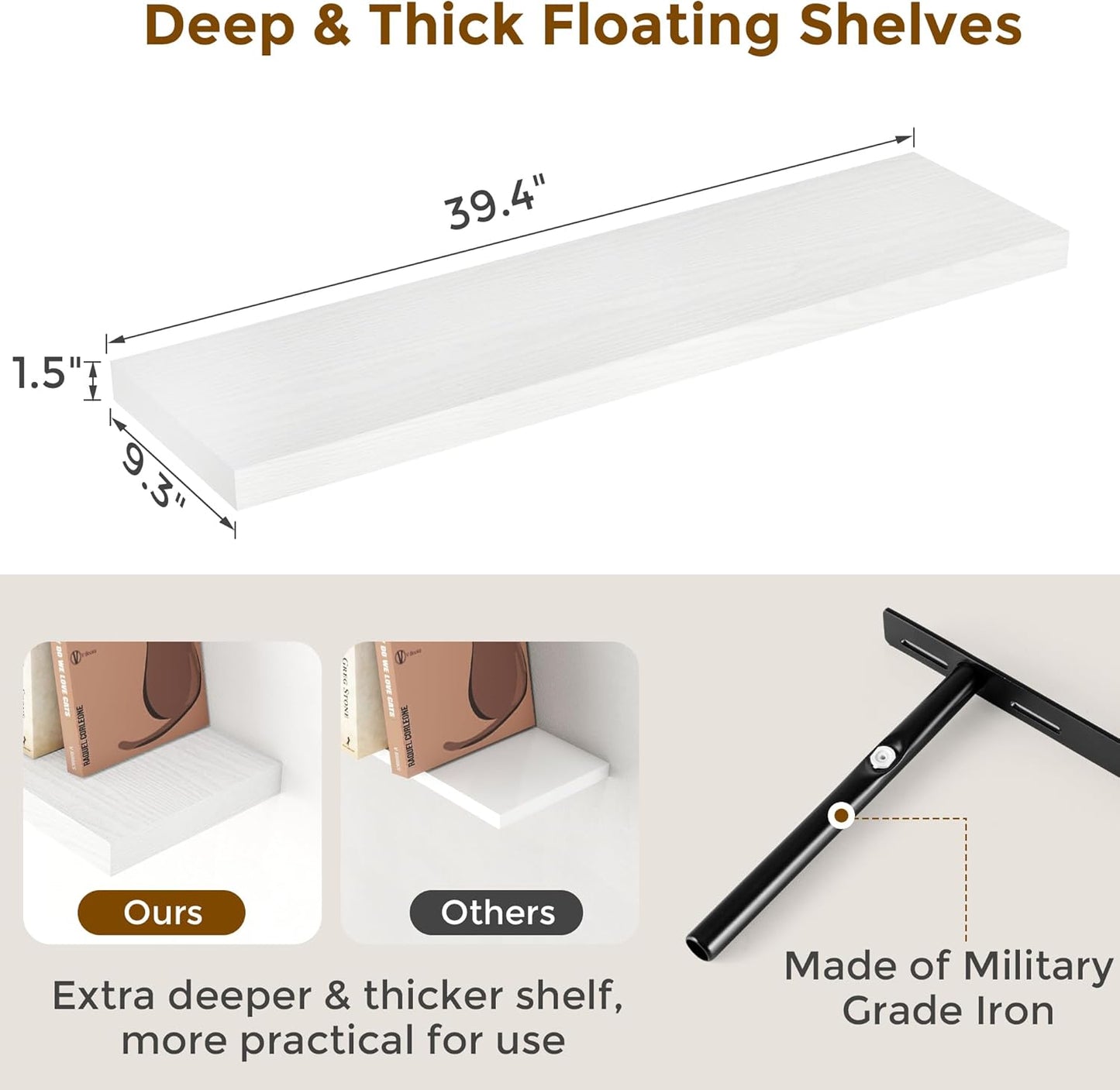 40 Inch Floating Shelves White, 40" W x 9.3" D Floating Shelf Set of 2, Farmhouse Wood Wall Shelves for Bedroom, Kitchen, Wall Mounted Deep Shelving for Home Decor
