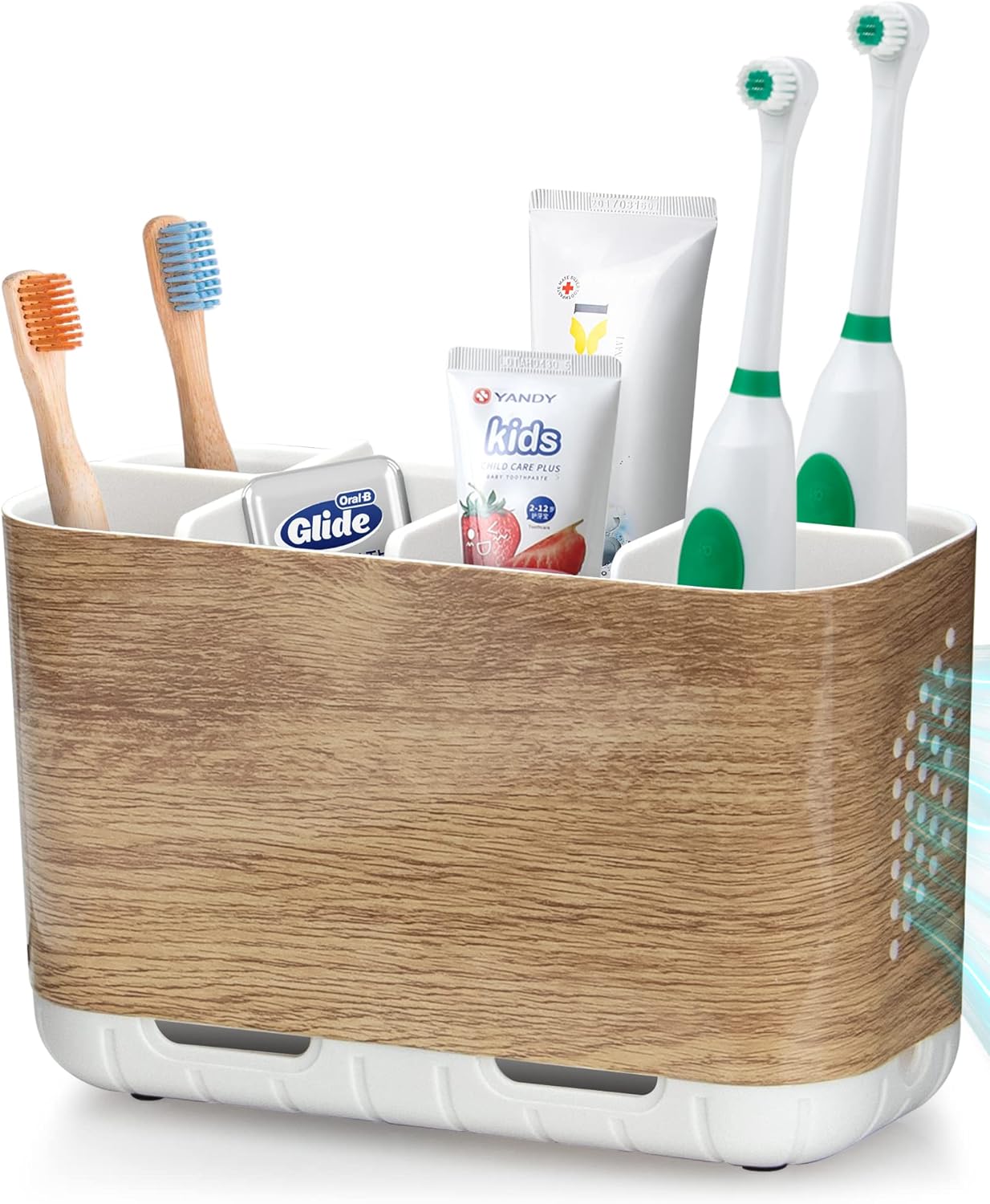 Boperzi Toothbrush and Toothpaste Holder Wood Grain for Bathroom Countertop with Adjustable Dividers, Toothpaste Caddy Organizer Storage Rustic Decor Set Freestanding Anti-Slip for Shower,Family,Kids