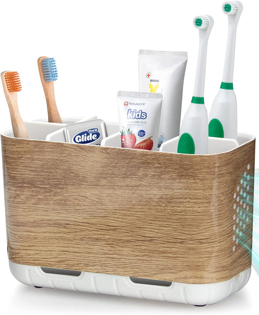 Boperzi Toothbrush and Toothpaste Holder Wood Grain for Bathroom Countertop with Adjustable Dividers, Toothpaste Caddy Organizer Storage Rustic Decor Set Freestanding Anti-Slip for Shower,Family,Kids