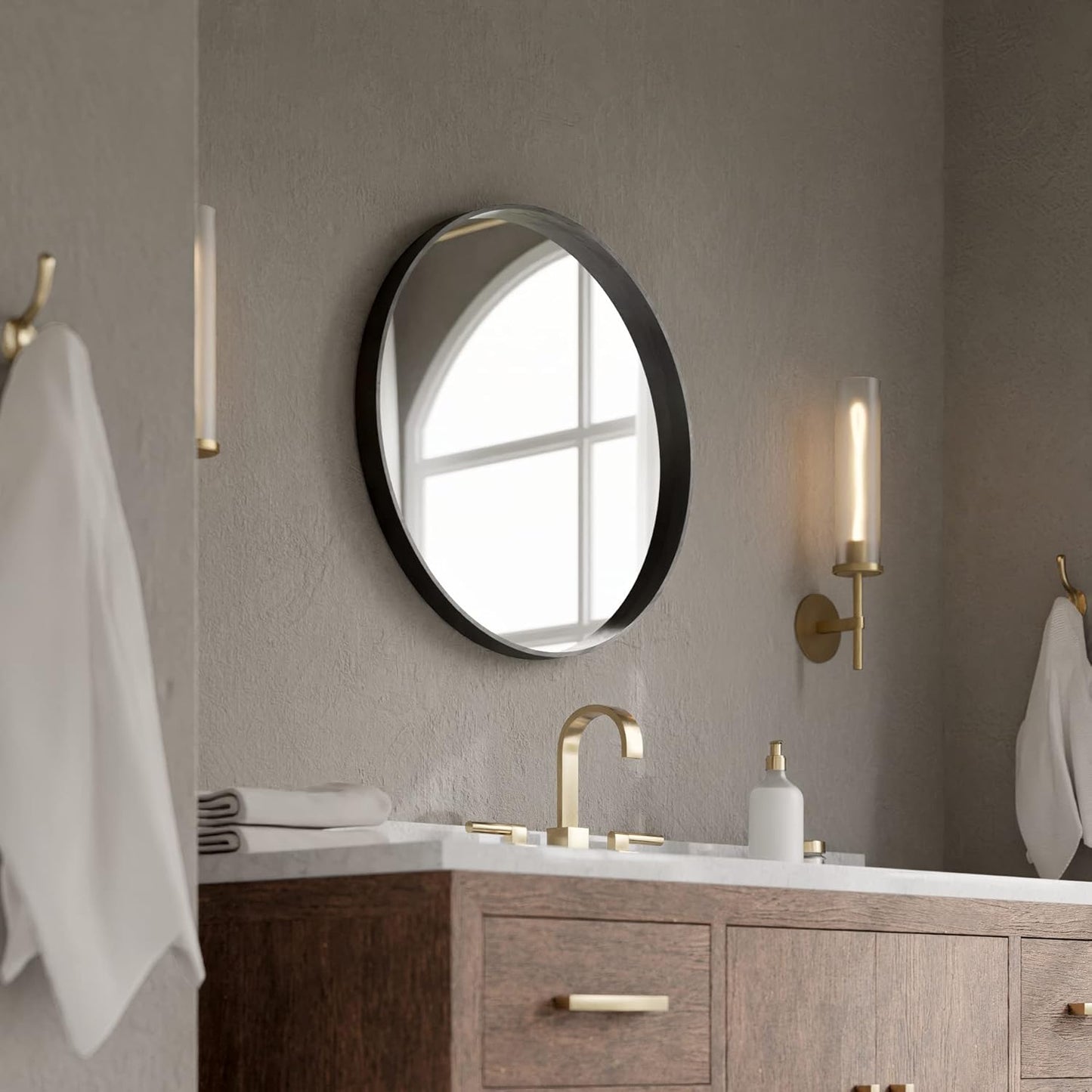 WallBeyond Black Round Wood Mirror 24 inch Circle Wall Mirror for Bathroom Round Wall Mirror for Wall Decor, Vanity, Entryway Living Room