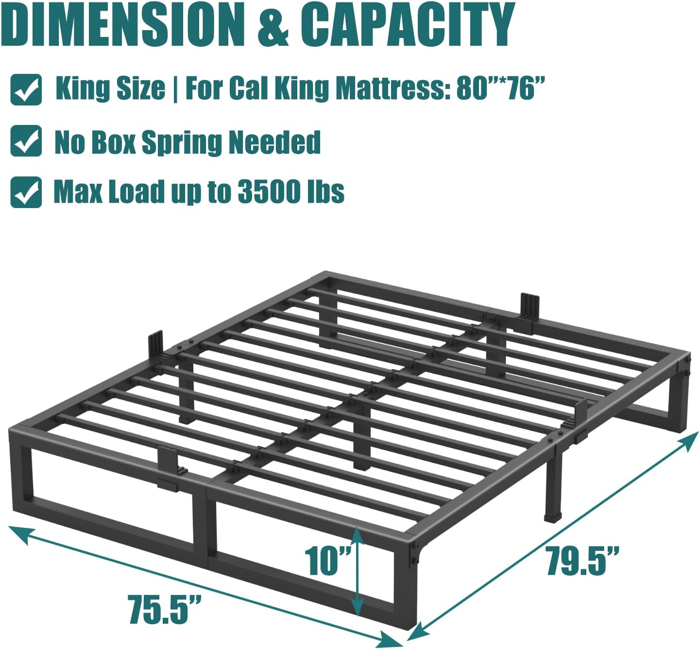 10 inch King Size Bed Frame Low Profile Metal Platform Frames with Mattress Slide Stopper,Heavy Steel Slats Support,No Box Spring Needed,Noise Free,Non-Slip,Easy Assembly